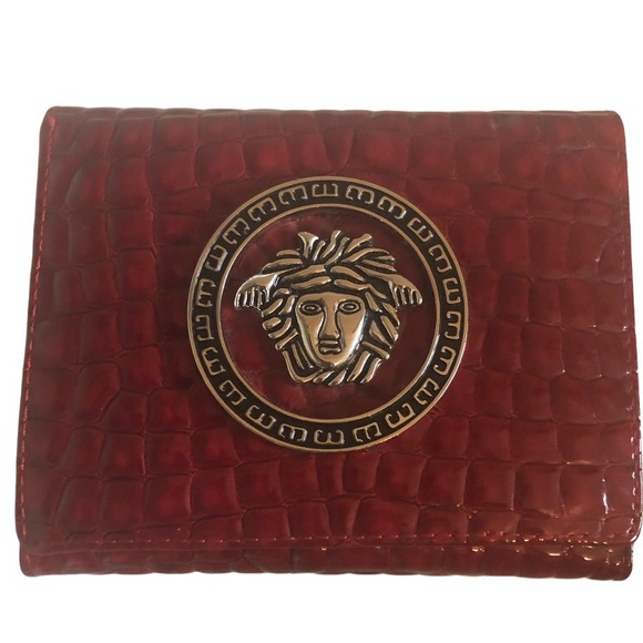 Versace Handbags - Versace Logo Red Trifold Wallet Crocodile Print Faux Leather